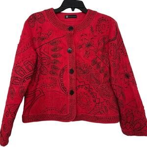 Vintage Casual Studio Red & Black Embroidered Cropped Jacket Medium Artsy Boho